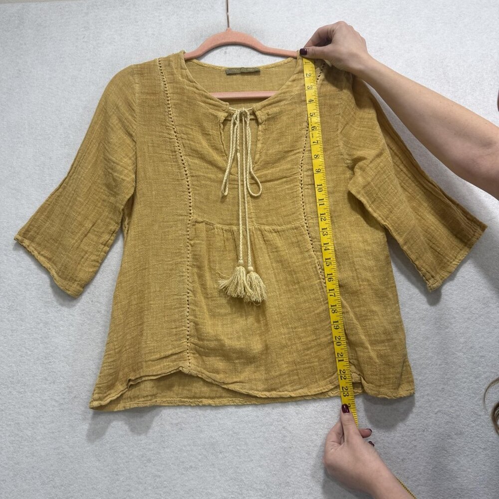 Made in Italy Linen Cotton Peasant Blouse Womens Large Mustard Tie Tassel Boho - Picture 3 of 9